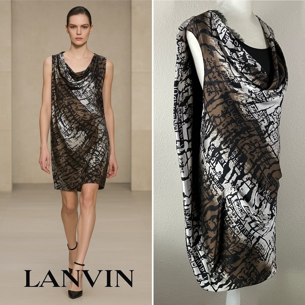 LANVIN Designer Silk Slip Dress Size 6 Sleeveless Mini Artsy Graffiti Streetwear
